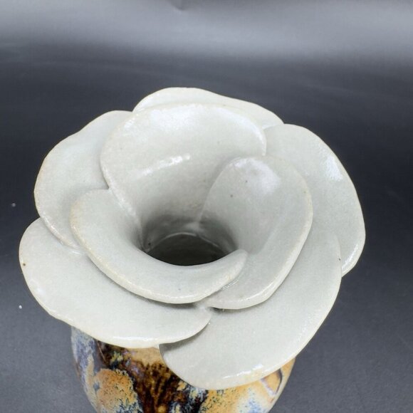 Vintage Studio Pottery Flower Shaped Bud Vase Drip Glaze Stoneware Signed Judy - Picture 7 of 12